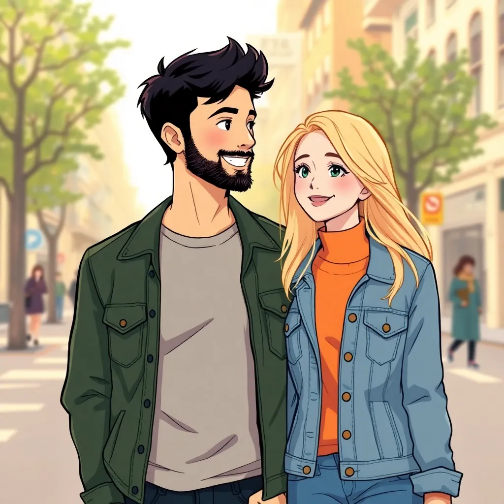 A young couple walking together on a sunny city street, illustrated style. The male character has short black hair with a beard, wearing a dark green denim jacket and gray t-shirt; the female character has long blonde hair, wearing a light blue denim jacket and orange sweater. The scene has warm, soft tones with blurred streets and buildings in the background, accented with trees. The overall atmosphere is warm and romantic, similar to Ghibli Style,Japanese animated film art style, with delicate lines and soft colors. Both characters are smiling, making eye contact, with an intimate feeling between them.